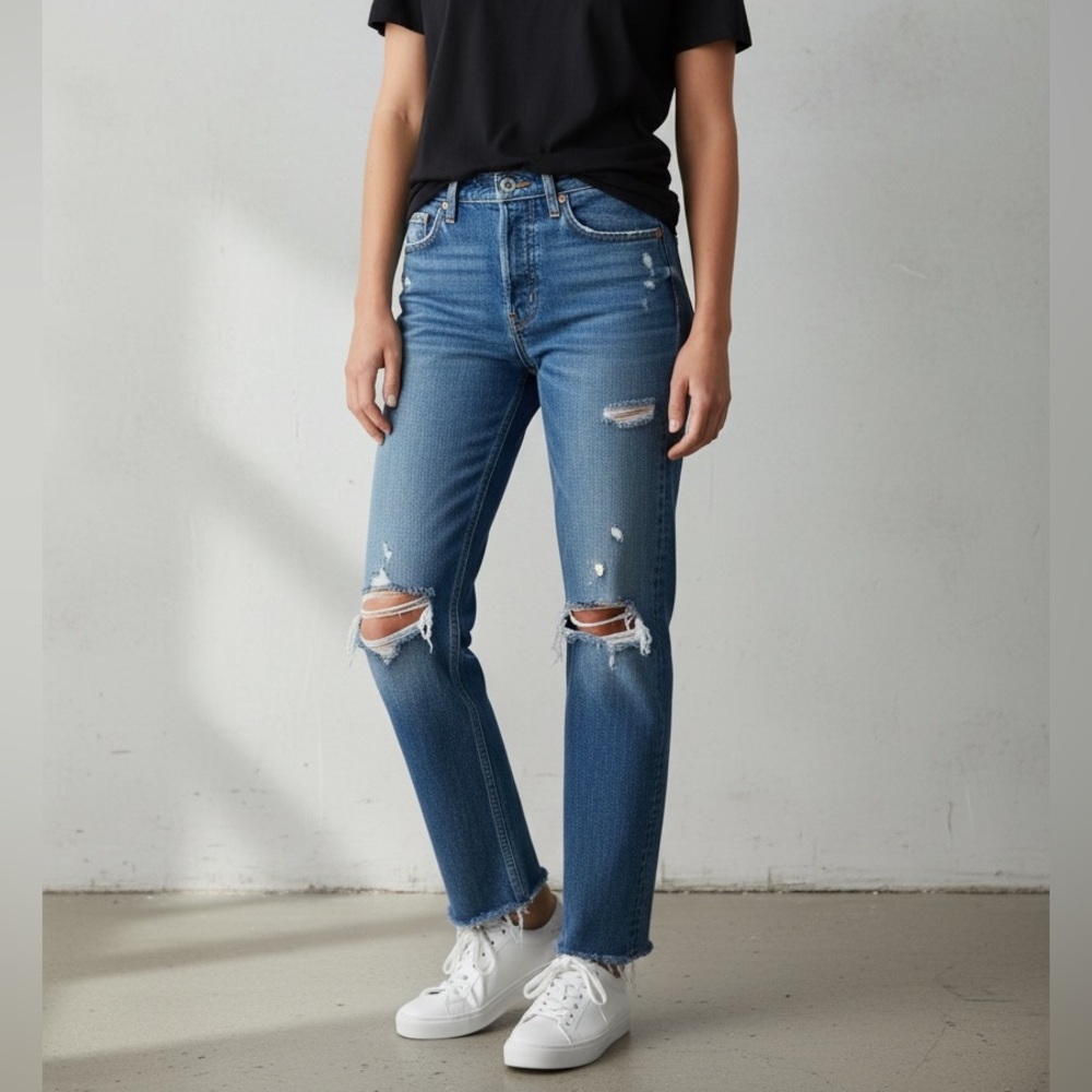 Re/done Dark Blue Distressed Flare Jeans size 26 wide leg high rise 90s